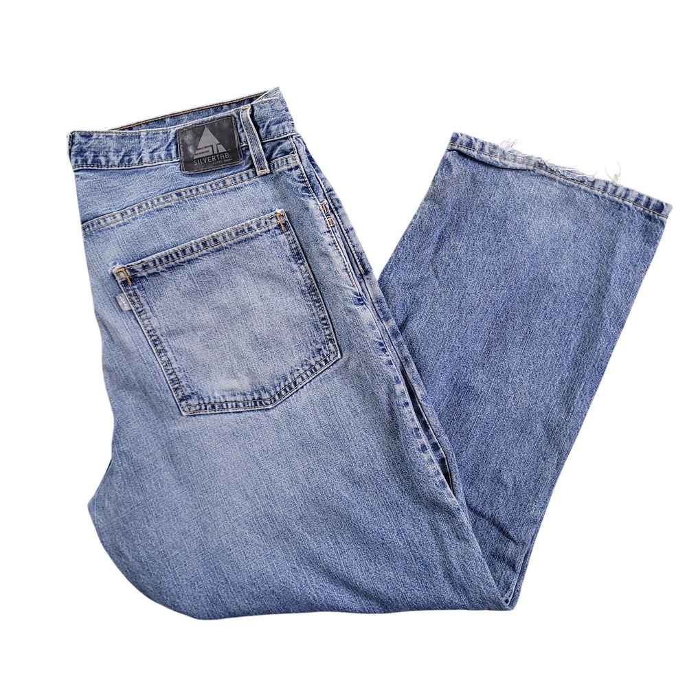 Levis Silvertab Jeans 38x30‎ Baggy Blue Fade Distressed Vintage Y2K 2003 Slanted
